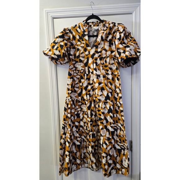 Mud Pie Dresses & Skirts - Mud Pie Mustard Yellow Abstract Animal Print Tiered Puff Sleeve Midi Dress Small